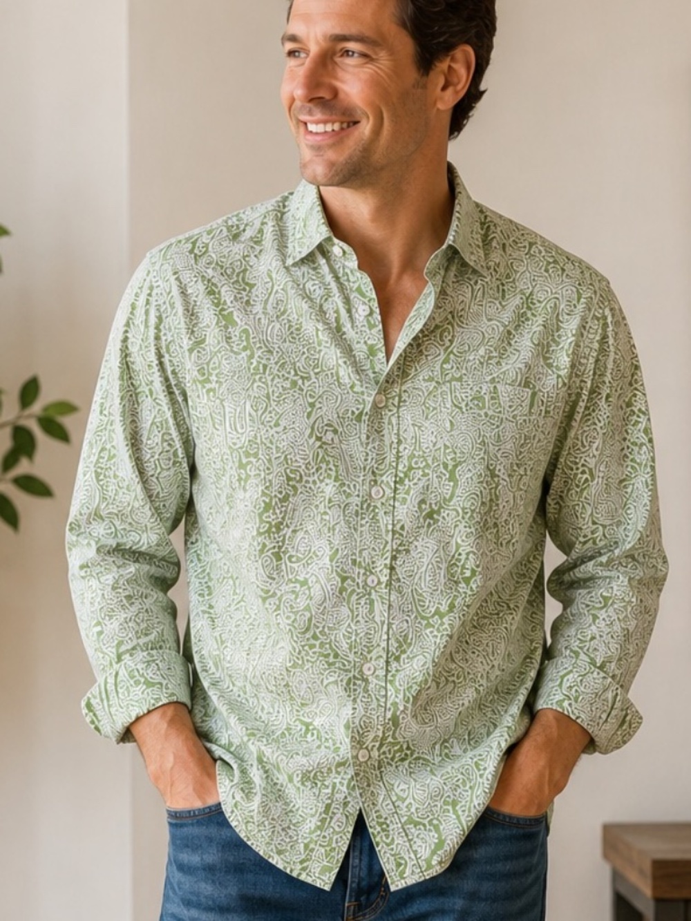 Perry Ellis XL Green White Paisley Button Front Shirt 100% Cotton